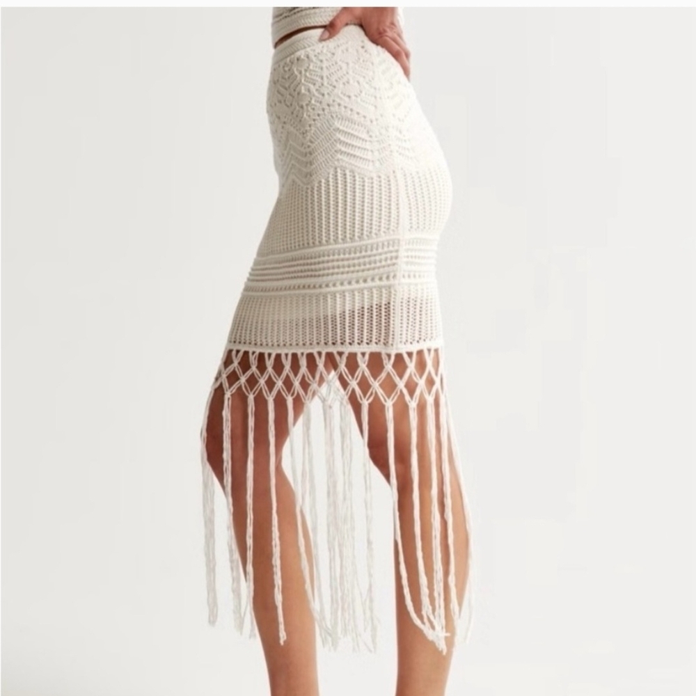 Abercrombie & Fitch White Crochet Pencil Skirt with Fringe